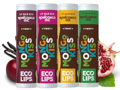 Eco Lips Organic Lip Protector Mongo Kiss Pacote com 4 hortelã-pimenta, romã, mel de baunilha, cherry preta - 100% organic USDA - acalma, hydrates dry lbide, gusts and gusts - Feito