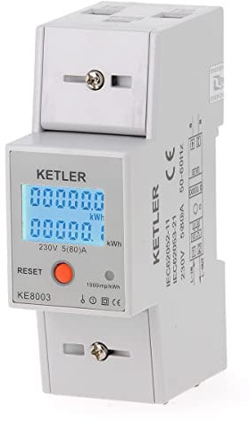 KETLER - KE8003 : Compteur électrique modulaire - Monophasé 80 A - Remise à zéro partielle - Sortie d'impulsion - Affichage LCD