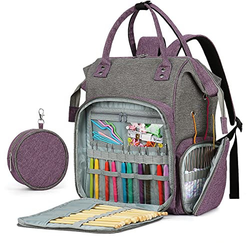 Coopay Multifunktion Stricktasche Rucksack, Reise Häkeltasche mit 6 Garnösen, Große Garnaufbewahrung Tasche für unfertige Projekte, Häkelnadel, Stricknadeln, Wolle, Strick- und Häkelzubehör, Violett