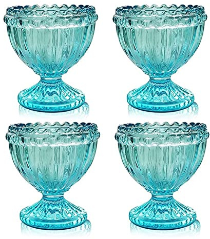 Blue Glass Easter Egg Cup for Soft or Hard Boiled Egg Holder - Pack 4 Egg Holders for Breakfast Brunch, Kitchenware, Coastal Beach House Table Decoration Egg Cup