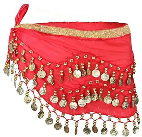 Écharpe de Danse du Ventre en Mousseline Rouge avec 98 Pièces Dorées à Paillettes – Accessoire Élégant pour Ceinture