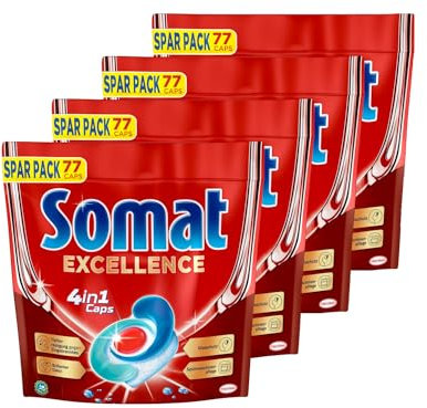 Somat Excellence 4in1 Caps 320 (4x 80 Caps), schnellauflösende Spülmaschinentabs, Somat Caps für exzellente Reinigung & Glanz sogar im Eco-Programm & bei niedrigen Temperaturen