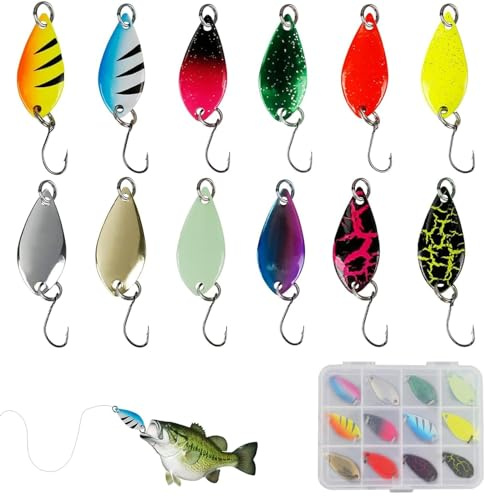 YanBous Set di 12 esche per trota, con scatola portaoggetti, 2,5 g esche da cucchiaio, spinner, pesca alla trota, esca da cucchiaio, gancio singolo, esca con paillettes per luccio