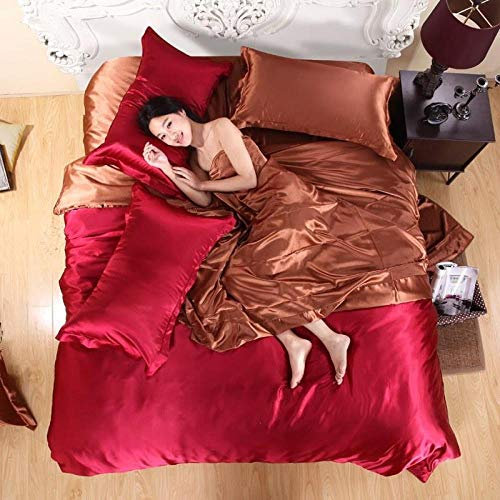Luxuriöses Satin-Seiden-Bettwäsche-Set, Super-King-Size-Bett, Doppelbett, Rot, Kaffee, weich und glatt, 5-teiliges Familiensuite-Heimtextil-Set