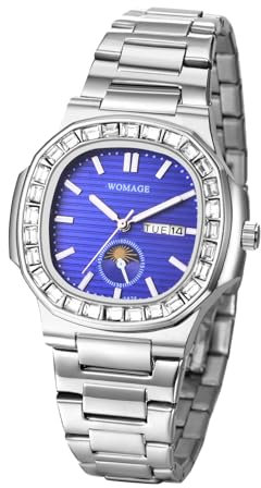 JewelryWe Men's Square Rhombus Watch: 3ATM Waterproof Luminous Hands Blue Diamond Shape Quartz Analog Week Date Display Stainless Steel Band Wristwatch
