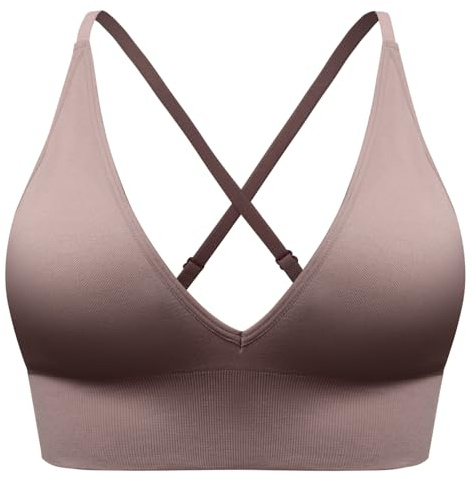 SUNSESS Sports Bra for Women Seamless Deep V Non-Wired Comfort Bralette with Padded Criss Cross Medium Support Yoga Crop Top Bras (UK, Alpha, XL, Regular, Regular, Standard, Brown)