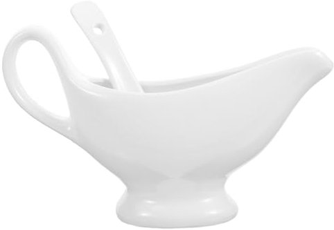 Cabilock Ceramic Creamer Pitcher and Gravy Boat Set 175ml White Small Sauce Pitchers Deep Spoon for Condiments and Sauces Serving Tableware 2pcs
