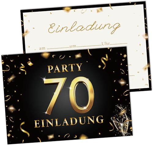 AWCIGG Lot de 15 cartes d'invitation 70e anniversaire pour femme et homme - Cartes pour le 70e anniversaire - Blanches - Format A6 (148 x 105 mm) - Noir et doré - Étiquettes pour 70e anniversaire