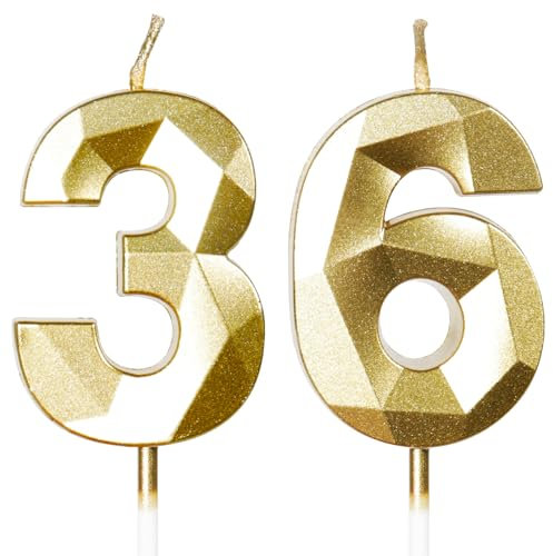 Yiran Candele per Torta Numero 36 Oro, Candele Compleanno 36 Anni Uomo Donna Particolari, Decorazione Torta di Compleanno Matrimonio Anniversario Feste Celebrazione