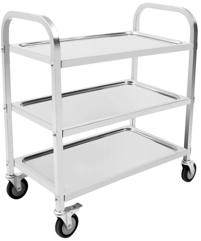 QIERF serveringsvagn med hjul, rostfritt stål serveringsvagn 3 brädor köksvagnar ca 20 kg per lager för porslin, mat, krukor, växter, böcker
