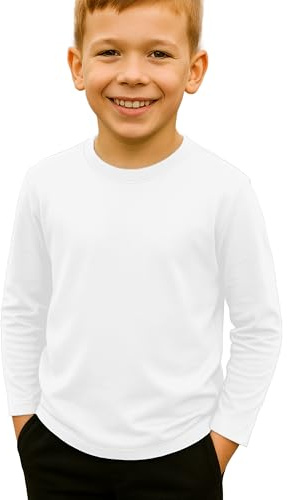 Re Tech UK - Kids Long Sleeve T Shirt for Boys and Girls | Lightweight Crewneck Tee for Layering or Everyday Wear | Plain, Stretchy, Soft Touch Top for School, Play or Lounging (White, 9-10)