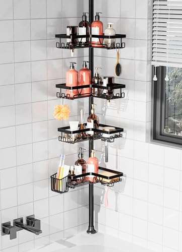 Daoun Telescopic Shower Caddy Corner, Black Rustproof Bathroom Corner Shelves, Adjustable Height Bathroom Accessories for Storage