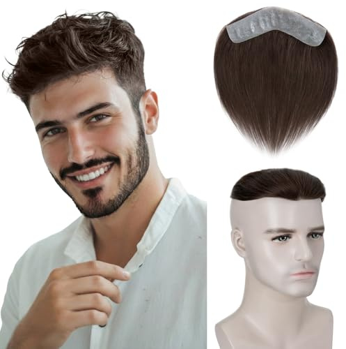 MY-LADY Parrucca Uomo Frontale, Men's Hairline Toupet Capelli Frontale Uomo Protesi Capelli Umani, Base PU 0.04mm 4x18cm Naturale Invisibile 12g (#02, Marrone Scuro)