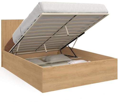 IDMarket - Lit Coffre Double Seaside avec tête de lit Juliette et sommier 140 x 190 cm Effet Lattes et Bois