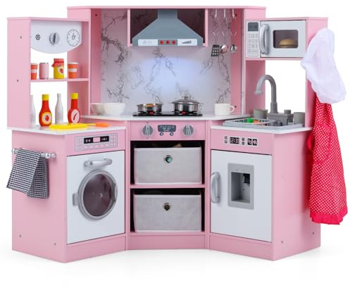 COSTWAY Cuisine Enfant avec 16 Accessoires & Son & Lumière, Cuisine d’Angle en Bois avec Distributeur d'eau & Machine à Laver, Micro-Ondes pour Enfants de 3 Ans+, 102 x 51 x 85 cm (Rose)