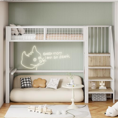 Vit 249 cm liggsäng, metallram med skåp under trappa och hyllor, näträcke, säng 90 x 200 cm, madrass för enkelsäng ej inkluderad, utan boxspring