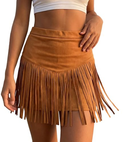 Edhomenn Womens Cowgirl Skirt Cowboy Fringe Mini Skirt Festival Outfits | Country and Western Clothing for Women, High Waisted Tassel Skirt, Cow Girl Outfit