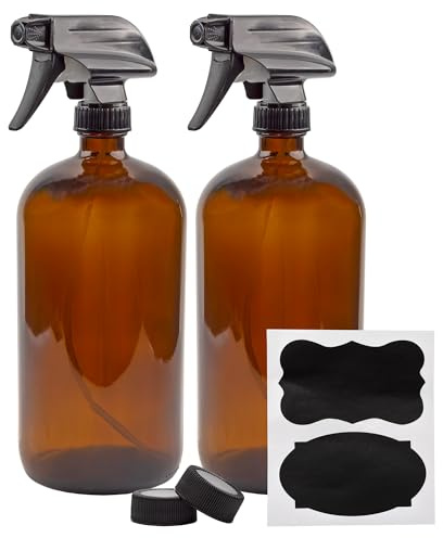 Cornucopia Brands 32oz Amber Glass Spray Bottles (Pack of 2) Brown Bottles w/ 3-Setting Trigger Sprayers; Includes Caps for Storage