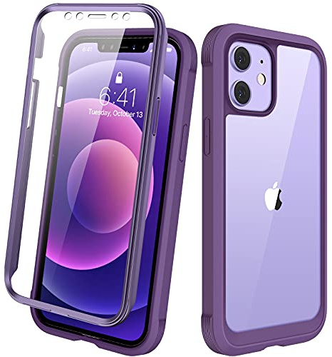 Diaclara Case Compatible with iPhone 12/12 Pro, 360° Full Body with Built-in Screen Protector Touch Sensitive Shockproof Bumper Case Cover Clear-Back Designed Compatible for iPhone 12 6.1-Purple