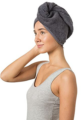 PANA Haarturban aus 100% Baumwolle mit Knopfverschluss I Handtuch Turban I saugfähiges Haar-Handtuch I weich I in Grau und Weiß I Maße: 70x26cm