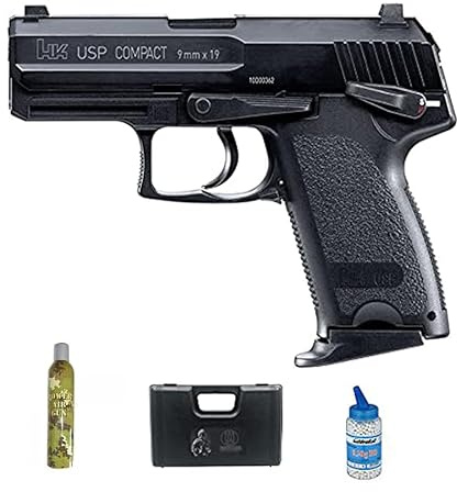 Pistola Airsoft HK USP Compact Gas (calibro 6 mm) | Pistola a sfere in PVC + bombola di Green Gas + valigetta + biberon (potenza: 1 joule)