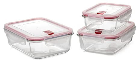 TATAY 3er-Set Cook and Eat Food Lunchboxen, Glas, luftdicht, Klippdeckel, BPA-frei, Mikrowellen-, Ofen-, Gefrier- und Spülmaschinenfest, Rot/Transparent, Maße: 23,5 x 18,5 x 14 cm