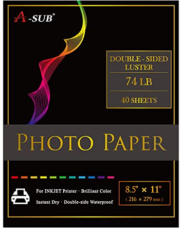 A-SUB Premium Double Sided Photo Paper Luster 8.5 x 11 Inch 74lb for Inkjet Printers 40 Sheets