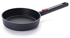 Woll Eco Logic QXR Guss-Flachpfanne - Induktiv -, Ø 20 cm, 5 cm hoch, mit abnehmbarem Stiel - Geeignet für alle Herdarten, PFAS-frei, Antihaft-Versiegelung, Aluminiumguss, backofenfest, schwarz