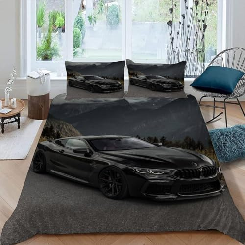 Funda Nordica Cama 150 135 90 Juvenil con Cremallera,Funda Edredon Coche Deportivo Microfibra 155X220 + 50X75 Funda De Almohada,3D Juego De Ropa De Cama Verano Invierno,Negro Auto,A18