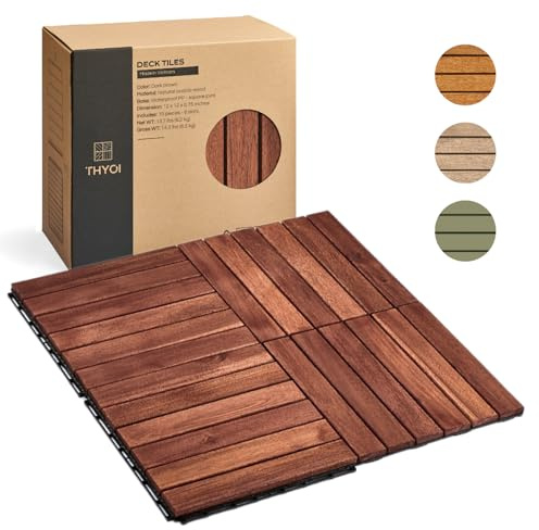 10 Pcs Premium Acacia Deck Tiles, Interlocking Floor Decking, Water-Resistant for Indoor & Outdoor Use, Balcony Flooring with Stripe Pattern, Square Joint (Dark Brown)