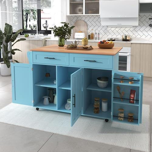 Azkoeesy Küchenwagen mit 5 Rollen, Kücheninsel mit erweiterbarer Arbeitsplatte, Küchenschrank, Servierwagen, mit 2 Schubladen und Ablage, 129x91,5x46-71 cm (Blau mit ablage)