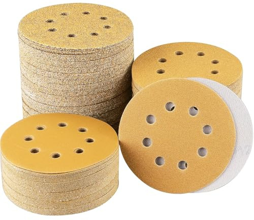 Sruhrak 120 Pcs 125mm Sanding Discs, 40/60/80/100/120/150/180/240/320/400/600/800 Grit Nylon Adhesive Sanding Pads 5 Inch 8 Hole Hook and Loop Sanding Disc for Orbital Sander