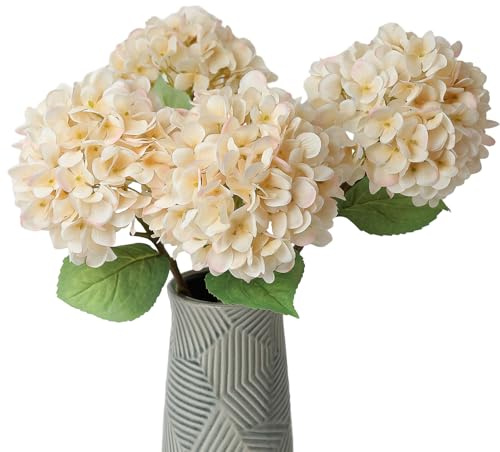 mizii 4 hortensias Artificiales de Color Beige, Grandes Flores de hortensias de Seda Falsa con Hojas, Tallos, Decoraciones realistas de hortensias sintéticas para centros de Mesa de Boda, jarrón,