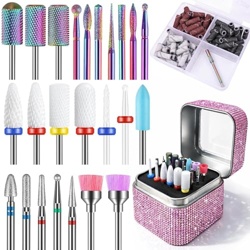 Depvko Set di 25 punte fresa unghie professionale con supporto rosa e 75 fasce abrasive, 3/32'' punte per fresa unghie in carburo diamanti ceramica, punta fresa rimuovi smalto acrilico gel per unghie