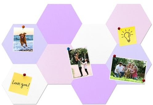 HULAVO 8 Pcs Hexagon Felt Cork Bulletin Board Tiles, Self Adhesive DIY Bulletin Board Pin Board for Office School Home Wall Decor Memos Photos Display(Purple & Pink)