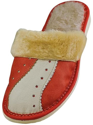 APREGGIO - Pantofole da Donna Rosse - Ciabatte Calde in Pelle Naturale con Fodera in Lana d’Agnello, Motivo a Stelle e Suola Antiscivolo - Pantofole Comode per Casa - Taglia 38