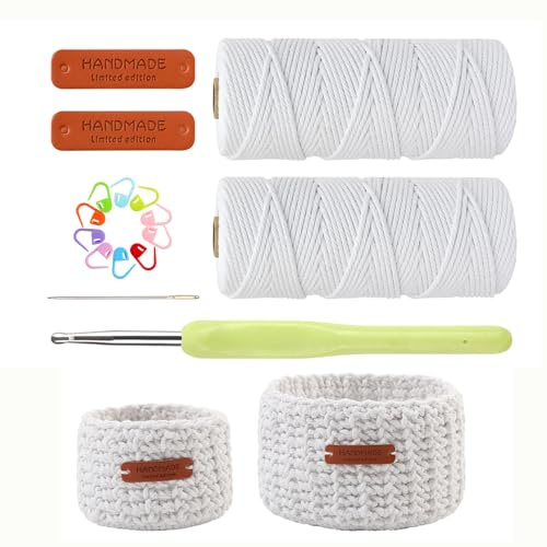 letuxaamz Körbe Häkeln, Häkelset für Anfänger, Makrameegarn, Lederettiketten, 2 Größe Einfaches häkelnkörbe Häkel Set, DIY Häkelset für körbe mit Häkelwolle, Weiß