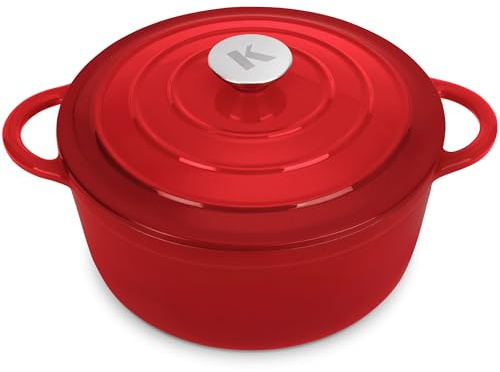 KLAMER Gusseisen Bräter 5 L, Gusseisen-Topf 26 cm backofengeeignet, Emaille Schmortopf mit Deckel, Perfekt zum Braten, Schmoren und Brot backen, mit digitalem Rezeptbuch