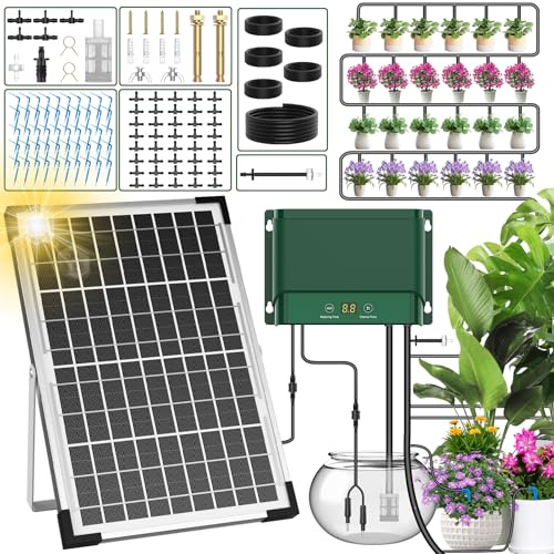 AnseTo Solar Irrigation System 10W Watering for Garden Plant Greenhouse,2026 Latest Model Drip Kit DIY Automatic with 30 Drippers/Auto Alarm Mode