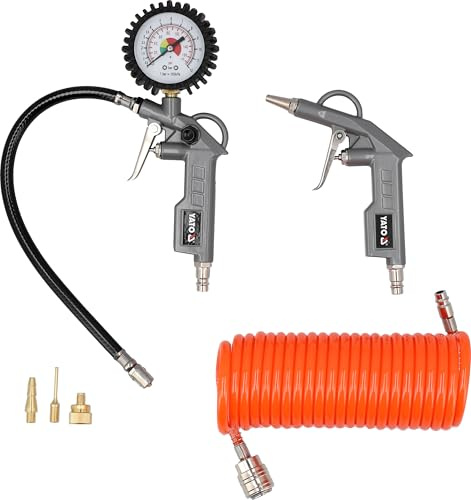 Druckluftpistole Set 6-teilig – Ausblaspistole mit 5 m PU-Spiralschlauch & 3 Adaptern | Druckluft Reinigungspistole Zubehör für Kompressor & Werkstatt