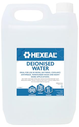 Hexeal Deionised Water 5L for Steam Irons, Car Batteries, Windscreen Fluid & Antifreeze - Demineralised, Reduces Limescale Deposits & Stains - For Lab Use