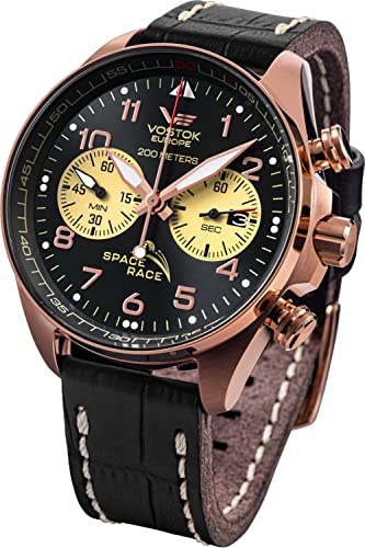 Vostok Europe Herren Analog Quarz Uhr mit Leder Armband 6S21-325B668, Schwarz