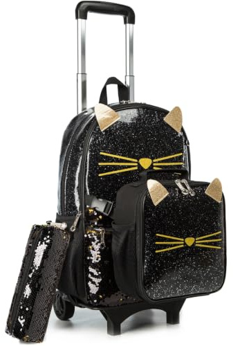 Egchescebo Cat School Bags Kids Rolling Backpack for Girls Luggage Kids Suitcase With Wheels Trolley Wheeled Backpacks Travel Bags 3PCS Lunch Box Pencil Case Backpacks for Girl‘s Black