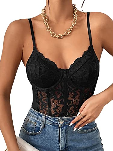 Milumia Women's Sexy Sheer Mesh Lace Bodysuit Spaghetti Strap Bustier Corset Tops Rave Party Club All Black Large