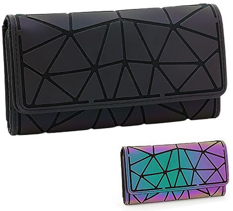 CAFINY Geometrisch leuchtende Geldbörse für Frauen Holografische reflektierende Clutch Purse mit 3 Falten und Druckknopf