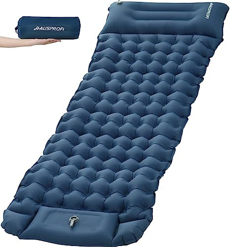 HAUSPROFI Isomatte Selbstaufblasend, 10cm Ultraleicht Isomatte Camping, Aufblasbare Isomatte Matratze, Luftmatratze Camping, Campingmatte mit Fußpumpe und Kopfkissen für Outdoor, Dunkelblau