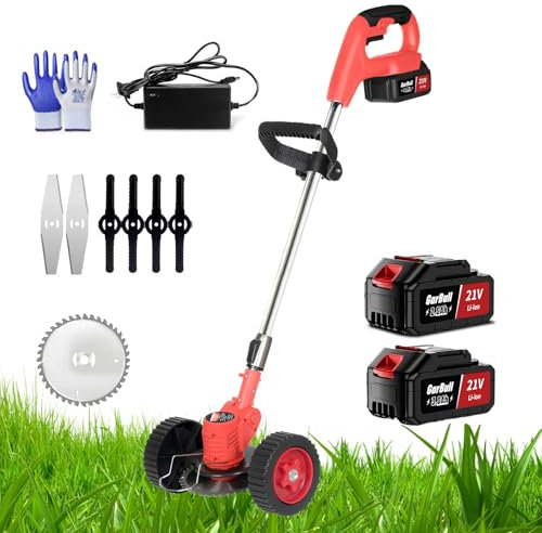 Rasentrimmer Akku 21V 180W mit 2 Batterien und Ladegerät, Drahtlose Gartentrimmer Multifunktion Motorsense Verstellbarer Rasen Trimmer