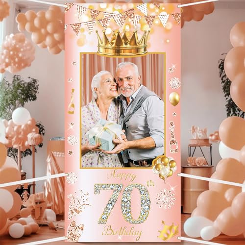 POPOYU 70th Birthday Decorations,Rose Gold Birthday Banner Party Photo Booth Props,Giant Fabric 70th BirthdayParty Photo Booth Frame,Funny Large Selfie Frame for Men Women BirthdayParty Supplies