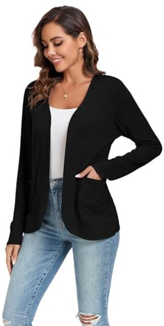 TownCat Strickjacke Damen Dünne Casual Langarm Elegant Cardigan Mit Taschen Leicht Gemütlich Offene Vorderseite Ärmel Draussen Atmungsaktiv Jacken Schwarz L