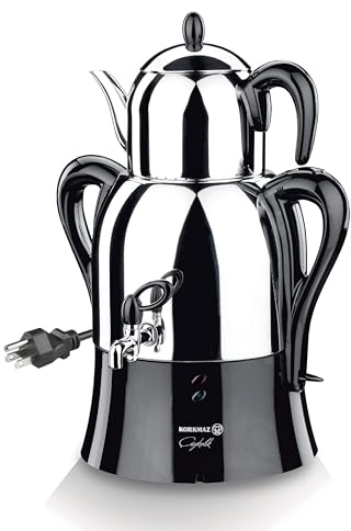 Korkmaz Samovar, Electric Turkish Tea Maker Set, Double Pots Tea Machine, Hanedan Stainless Steel Pot | 1.37 Qt+ 3.69 Qt | 110 V US Plug
